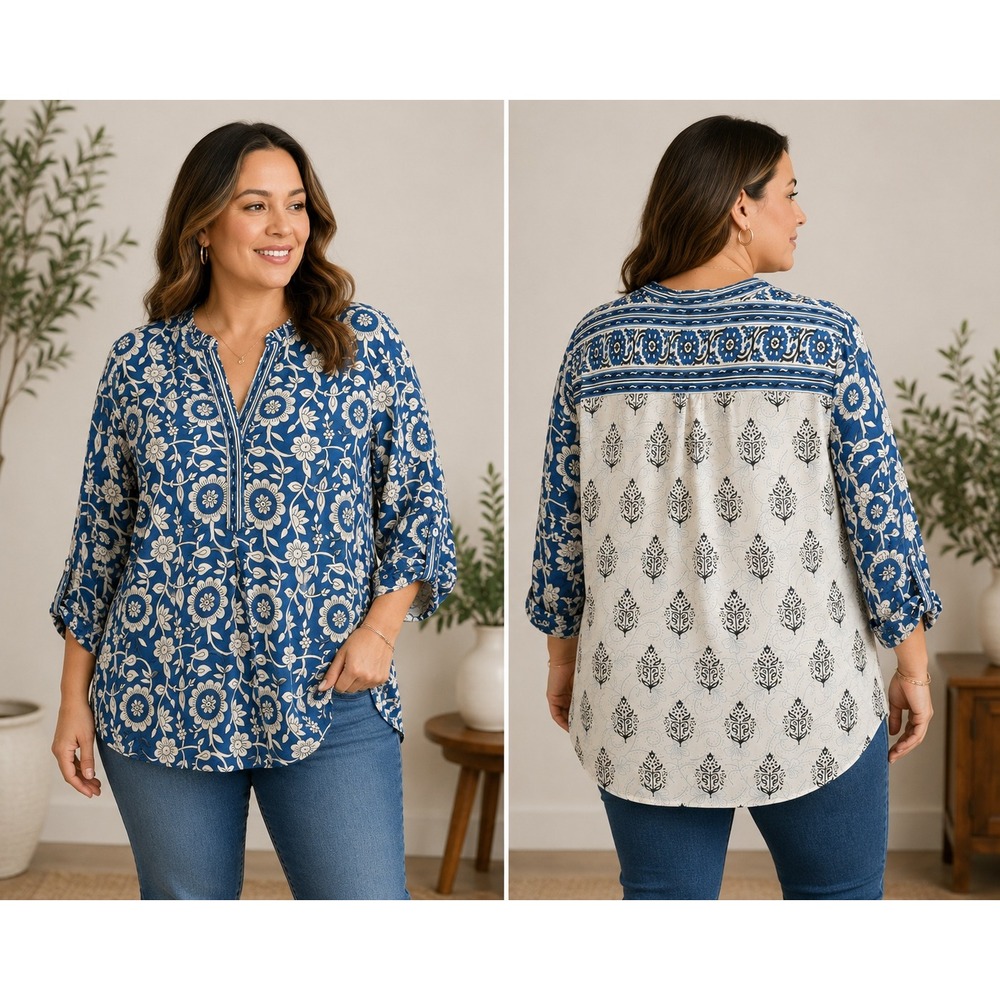 Tolani Silk Blouse Roll Tab Sleeve‎ Blue White Pattern Floral Women M Boho Tunic